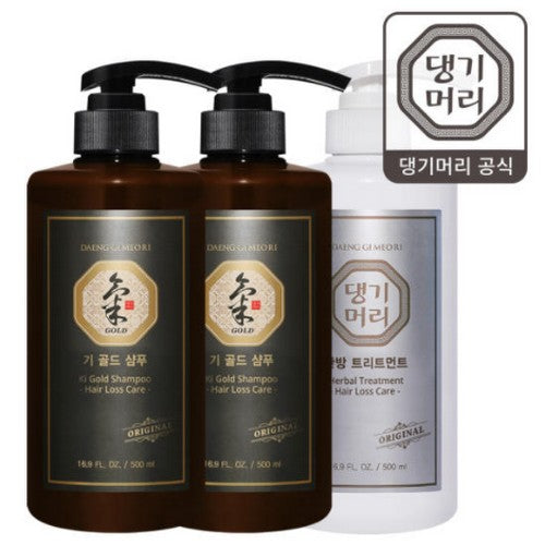 Daeng Gi Meo Ri Ki Gold Shampoo (2x 500ml) & Herbal Treatment (500ml) 3-Piece Set for Hair Loss Relief